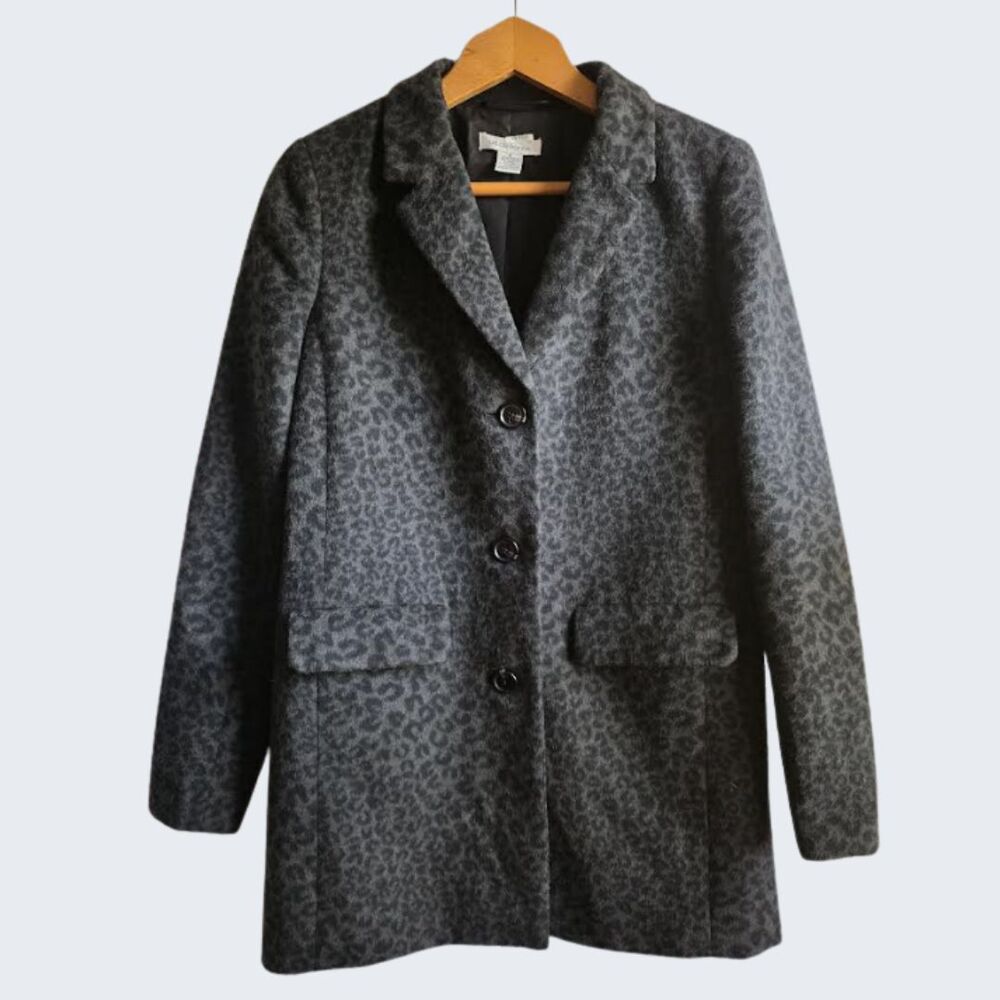 VTG 90s Liz Claiborne Coat Jacket Wool Gray Black Leopard Print Dark Academia S